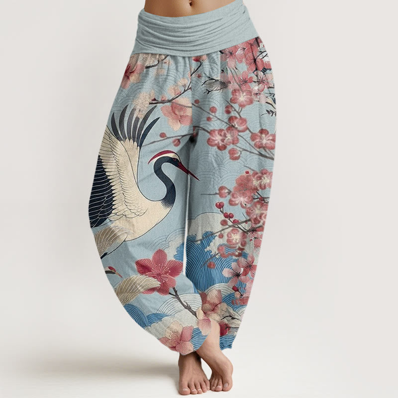 Pantalones harén con cintura elástica para mujer, diseño informal de grullas y flores de cerezo con Buddha Stones - Celeste - US22，UK/AU26，EU54 (6XL) - image 4
