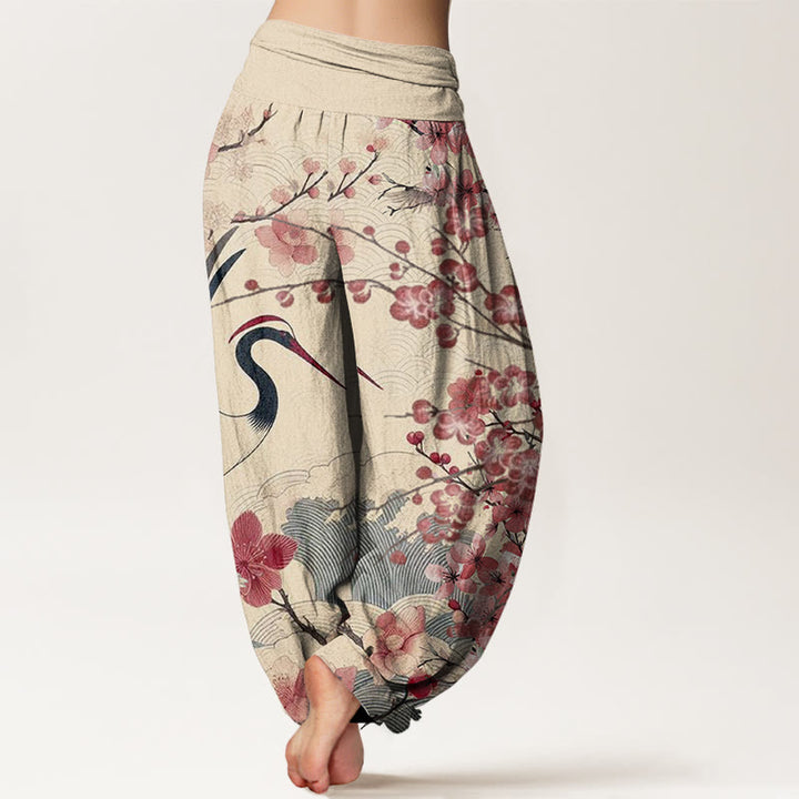 Pantalones harén con cintura elástica para mujer, diseño informal de grullas y flores de cerezo con Buddha Stones - image 10