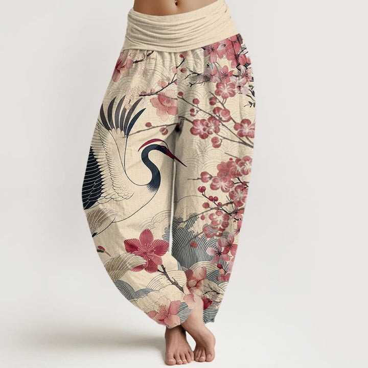 Pantalones harén con cintura elástica para mujer, diseño informal de grullas y flores de cerezo con Buddha Stones - PapayaWhip - US22，UK/AU26，EU54 (6XL) - image 7
