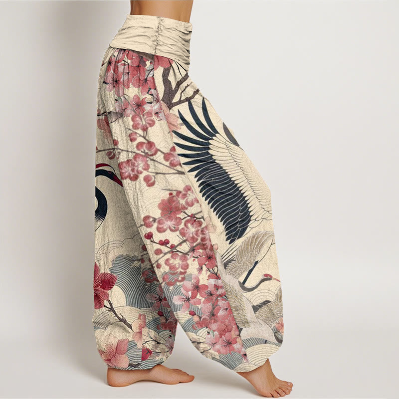 Pantalones harén con cintura elástica para mujer, diseño informal de grullas y flores de cerezo con Buddha Stones - image 9
