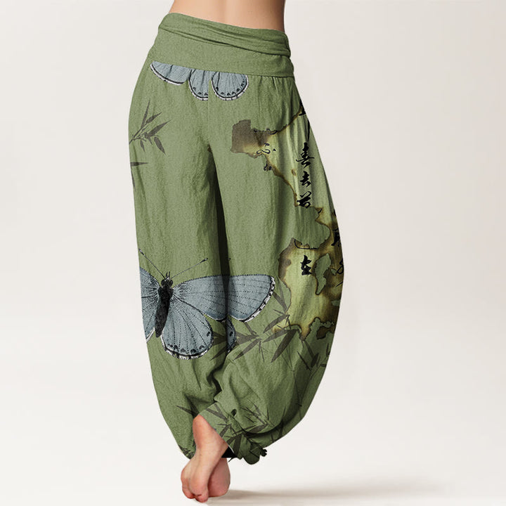 Pantalones harén con cintura elástica para mujer, con estampado de caligrafía de hojas de bambú y mariposas, estilo casual, con Buddha Stones - image 3