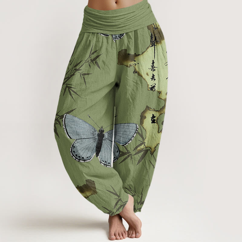 Pantalones harén con cintura elástica para mujer, con estampado de caligrafía de hojas de bambú y mariposas, estilo casual, con Buddha Stones - Verde oliva - US22，UK/AU26，EU54 (6XL) - image 0
