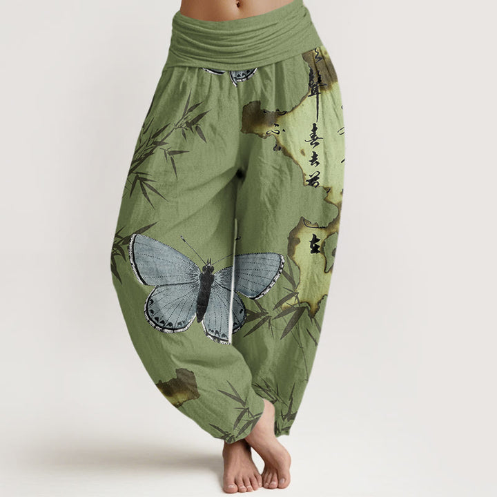 Pantalones harén con cintura elástica para mujer, con estampado de caligrafía de hojas de bambú y mariposas, estilo casual, con Buddha Stones - Verde oliva - US22，UK/AU26，EU54 (6XL) - image 0