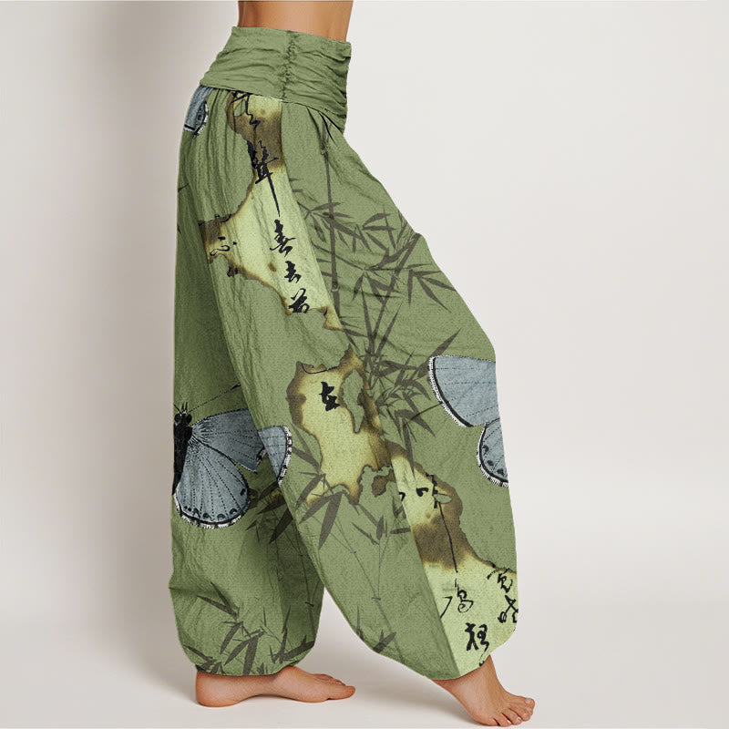 Pantalones harén con cintura elástica para mujer, con estampado de caligrafía de hojas de bambú y mariposas, estilo casual, con Buddha Stones - image 1
