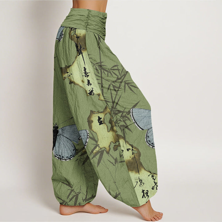 Pantalones harén con cintura elástica para mujer, con estampado de caligrafía de hojas de bambú y mariposas, estilo casual, con Buddha Stones - image 1