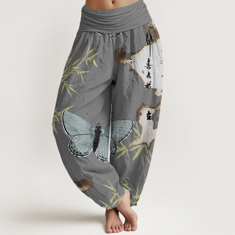 Pantalones harén con cintura elástica para mujer, con estampado de caligrafía de hojas de bambú y mariposas, estilo casual, con Buddha Stones - Gris oscuro - US22，UK/AU26，EU54 (6XL) - image 4