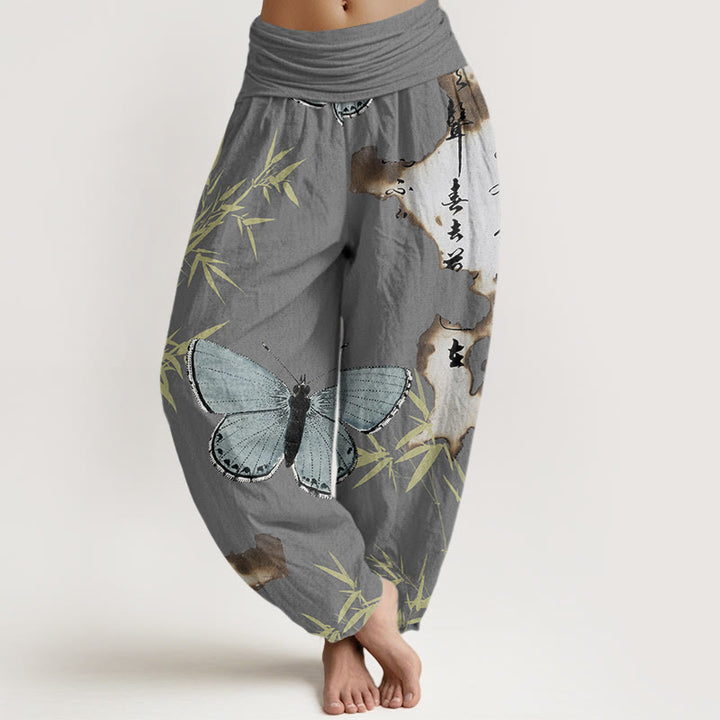 Pantalones harén con cintura elástica para mujer, con estampado de caligrafía de hojas de bambú y mariposas, estilo casual, con Buddha Stones - Gris oscuro - US22，UK/AU26，EU54 (6XL) - image 4
