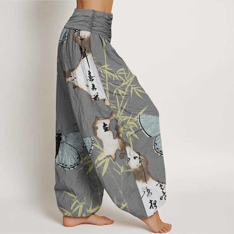Pantalones harén con cintura elástica para mujer, con estampado de caligrafía de hojas de bambú y mariposas, estilo casual, con Buddha Stones - image 5