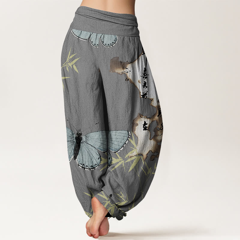 Pantalones harén con cintura elástica para mujer, con estampado de caligrafía de hojas de bambú y mariposas, estilo casual, con Buddha Stones - image 7