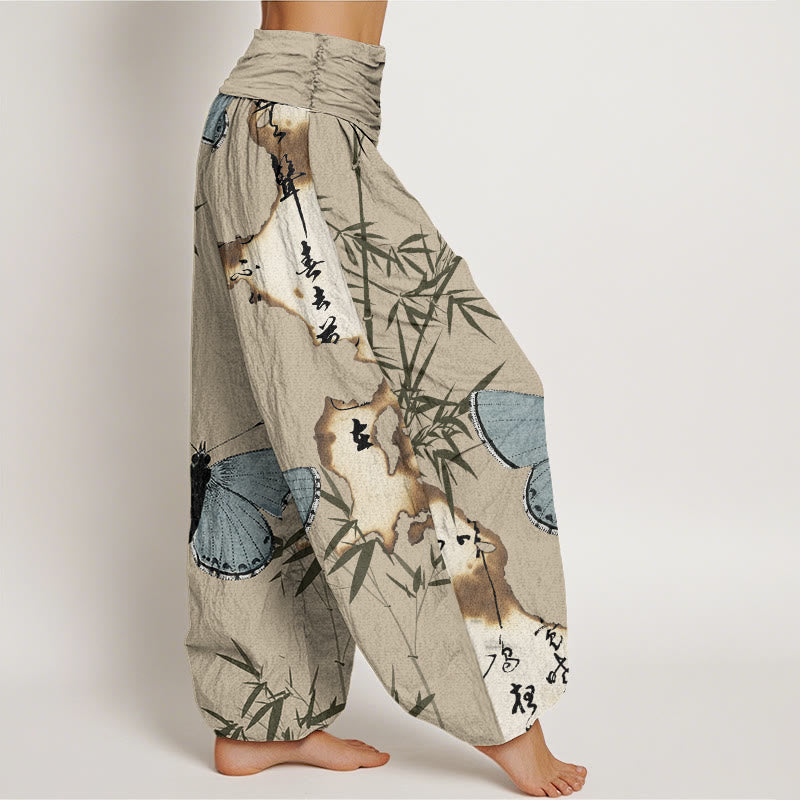 Pantalones harén con cintura elástica para mujer, con estampado de caligrafía de hojas de bambú y mariposas, estilo casual, con Buddha Stones - image 8