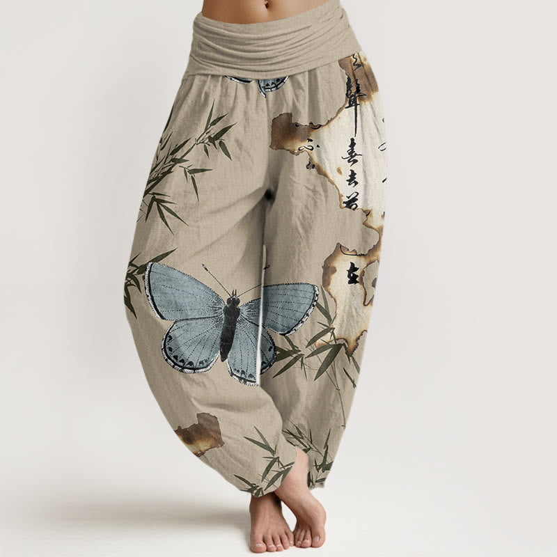 Pantalones harén con cintura elástica para mujer, con estampado de caligrafía de hojas de bambú y mariposas, estilo casual, con Buddha Stones - Broncearse - US22，UK/AU26，EU54 (6XL) - image 7