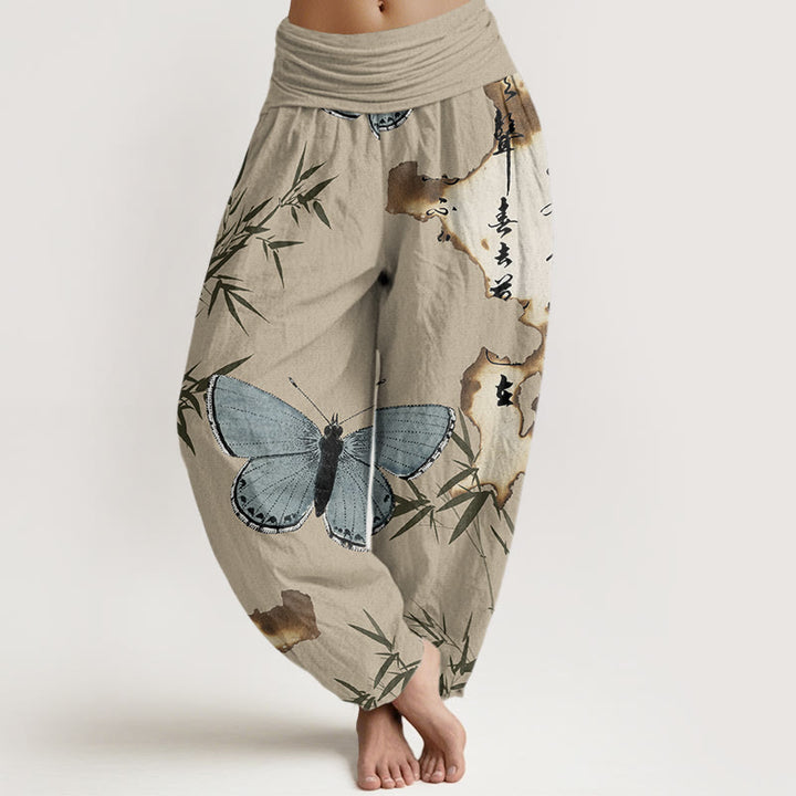 Pantalones harén con cintura elástica para mujer, con estampado de caligrafía de hojas de bambú y mariposas, estilo casual, con Buddha Stones - Broncearse - US22，UK/AU26，EU54 (6XL) - image 8