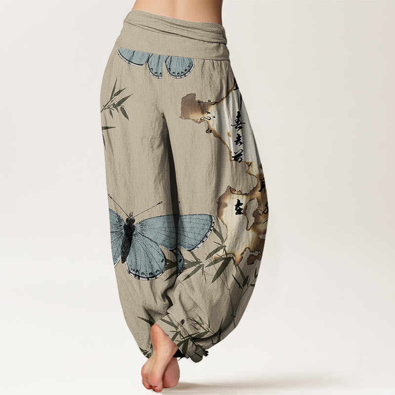 Pantalones harén con cintura elástica para mujer, con estampado de caligrafía de hojas de bambú y mariposas, estilo casual, con Buddha Stones - image 9