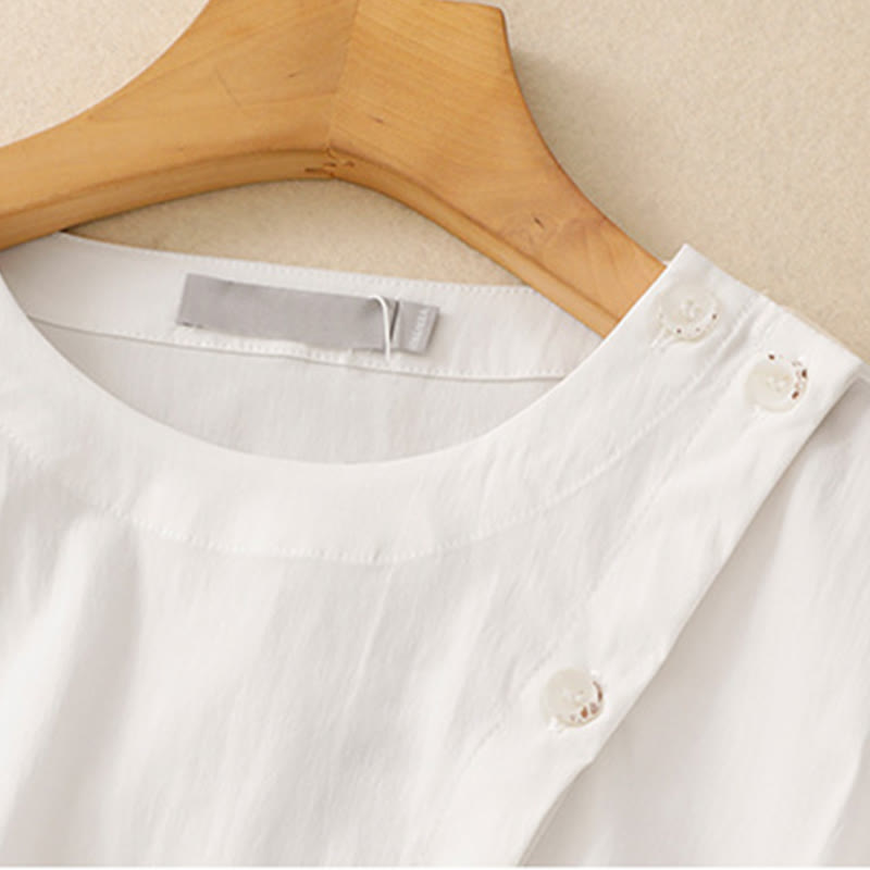 Conjunto de 2 piezas de camisa y falda de media manga con botones irregulares y bolsillos de algodón para mujer de Buddha Stones - image 17