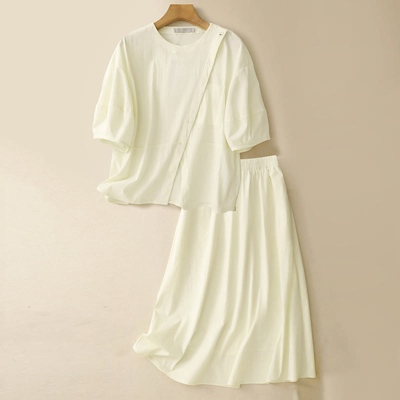 Conjunto de 2 piezas de camisa y falda de media manga con botones irregulares y bolsillos de algodón para mujer de Buddha Stones - Amarillo claro - US8-10，UK/AU12-14，EU40-42 (2XL) - image 22