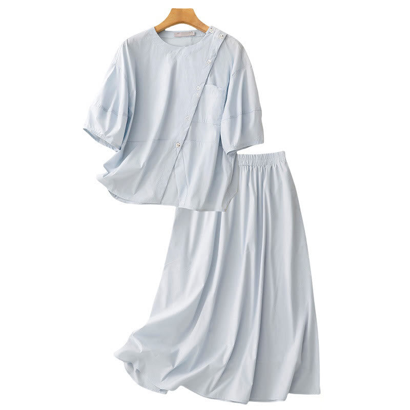 Conjunto de 2 piezas de camisa y falda de media manga con botones irregulares y bolsillos de algodón para mujer de Buddha Stones - image 14