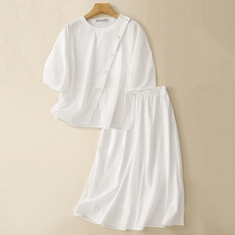 Conjunto de 2 piezas de camisa y falda de media manga con botones irregulares y bolsillos de algodón para mujer de Buddha Stones - Blanco - US8-10，UK/AU12-14，EU40-42 (2XL) - image 15