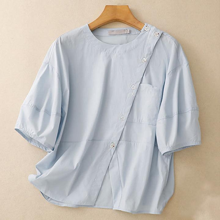 Conjunto de 2 piezas de camisa y falda de media manga con botones irregulares y bolsillos de algodón para mujer de Buddha Stones - image 3