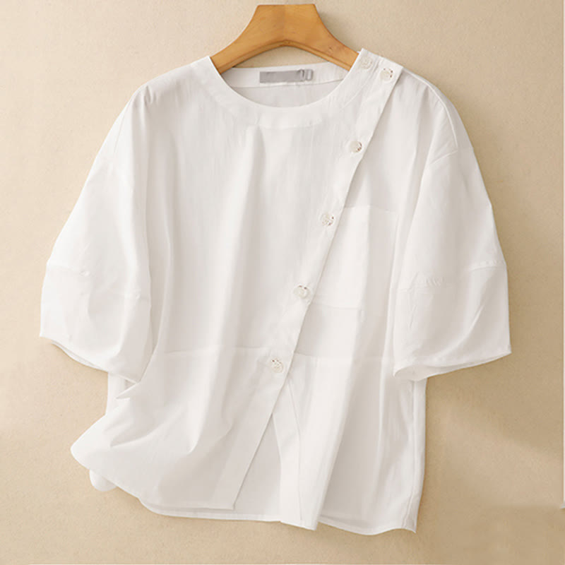 Conjunto de 2 piezas de camisa y falda de media manga con botones irregulares y bolsillos de algodón para mujer de Buddha Stones - image 16