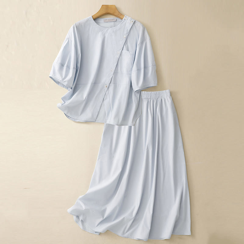Conjunto de 2 piezas de camisa y falda de media manga con botones irregulares y bolsillos de algodón para mujer de Buddha Stones - Azul claro - US8-10，UK/AU12-14，EU40-42 (2XL) - image 1