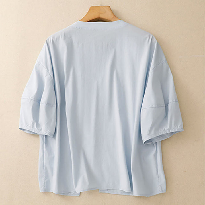 Conjunto de 2 piezas de camisa y falda de media manga con botones irregulares y bolsillos de algodón para mujer de Buddha Stones - image 4