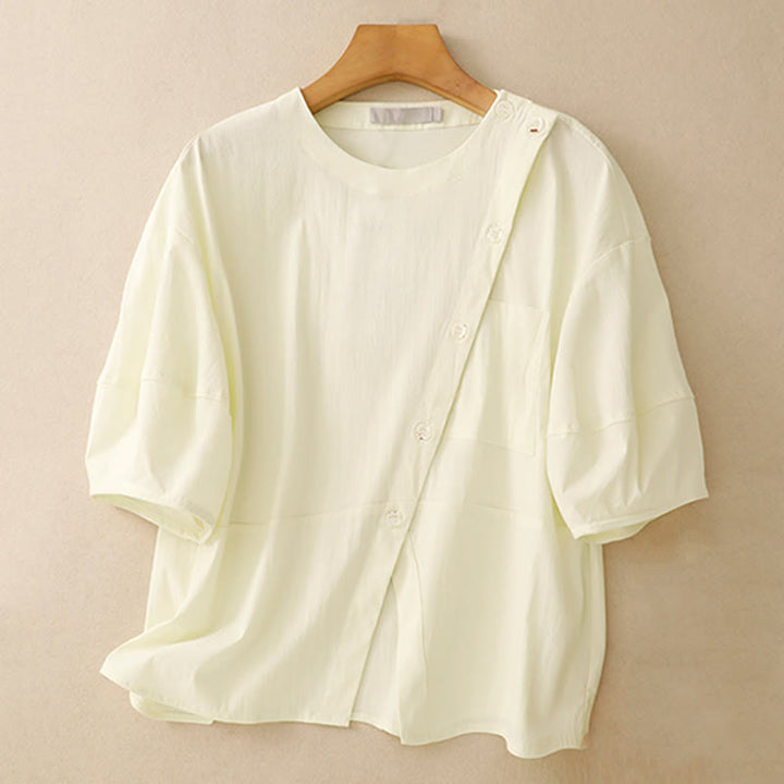 Conjunto de 2 piezas de camisa y falda de media manga con botones irregulares y bolsillos de algodón para mujer de Buddha Stones - image 23