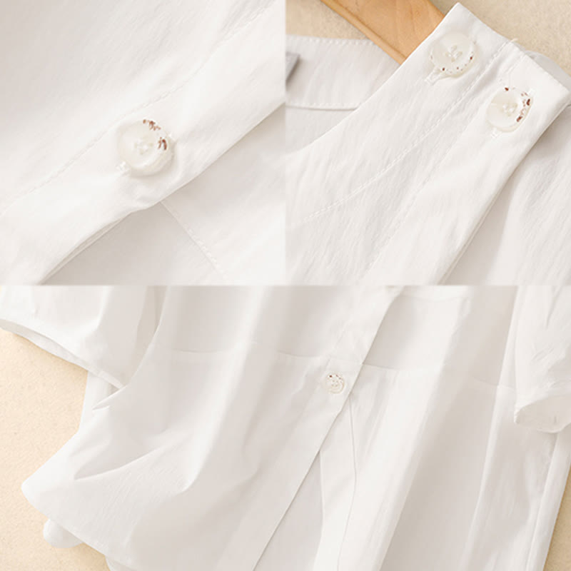 Conjunto de 2 piezas de camisa y falda de media manga con botones irregulares y bolsillos de algodón para mujer de Buddha Stones - image 20