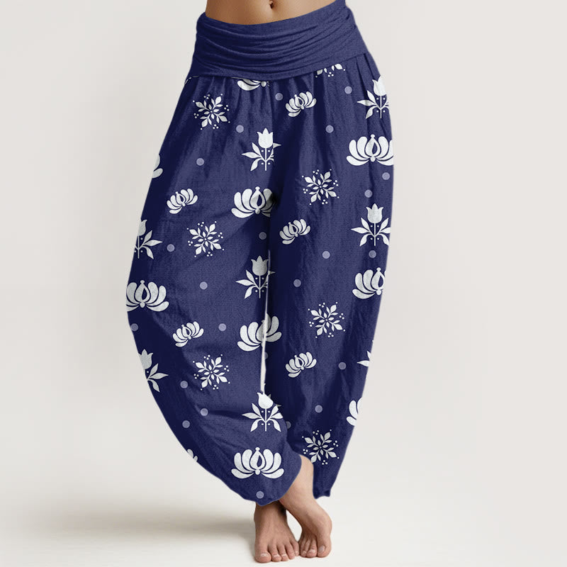 Pantalones harén con cintura elástica para mujer, con estampado de lunares pequeños y piedras de Buddha Stones - Azul oscuro - US22，UK/AU26，EU54 (6XL) - image 1