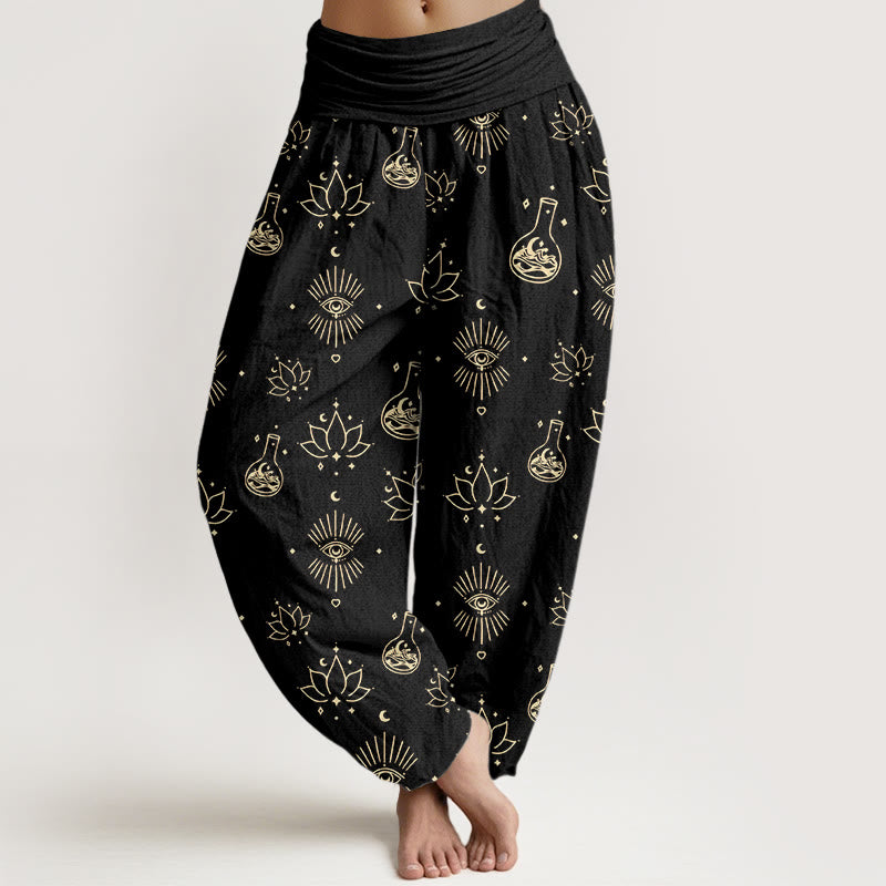 Pantalones harén informales con estampado de Ojo de Horus y Buddha Stones para mujer, con cintura elástica - Negro - US22，UK/AU26，EU54 (6XL) - image 1