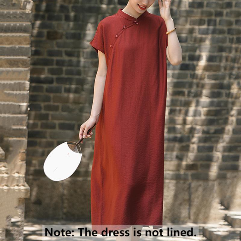 Vestido midi de lino y algodón con mangas cortas y diseño cheongsam liso con Buddha Stones y cordones - image 2