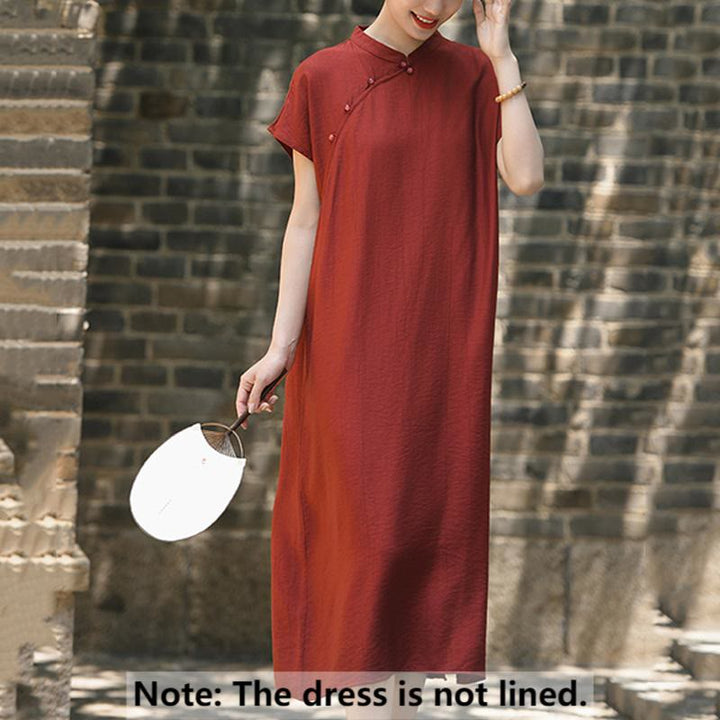 Vestido midi de lino y algodón con mangas cortas y diseño cheongsam liso con Buddha Stones y cordones - image 2