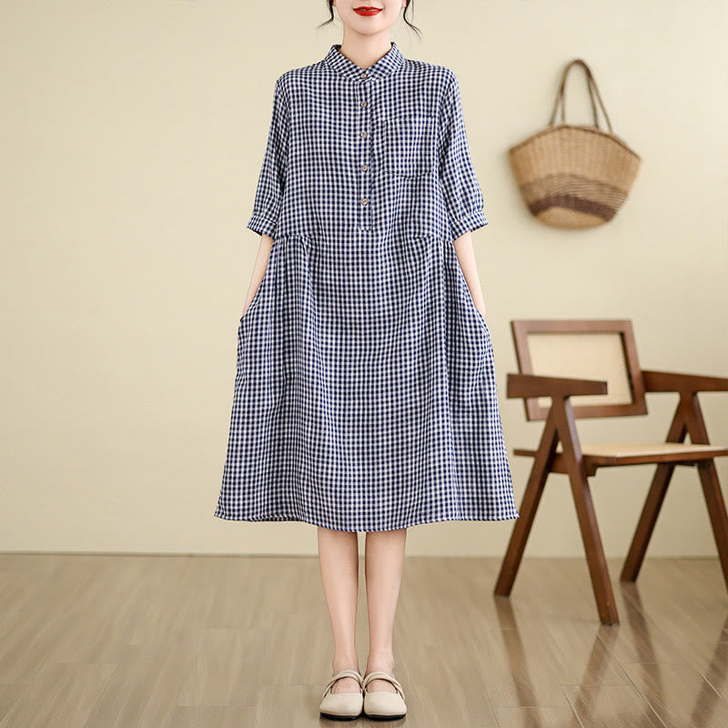 Vestido midi de lino y algodón con estampado de Buddha Stones, manga corta y bolsillos - Azul oscuro (cuadrícula pequeña) - US8-10，UK/AU12-14，EU40-42 (2XL) - image 4
