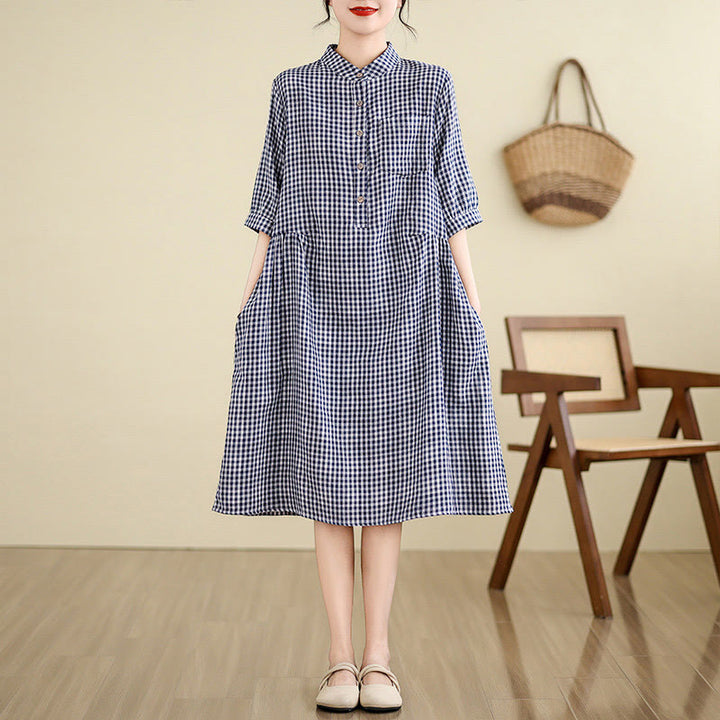 Vestido midi de lino y algodón con estampado de Buddha Stones, manga corta y bolsillos - Azul oscuro (cuadrícula pequeña) - US8-10，UK/AU12-14，EU40-42 (2XL) - image 4