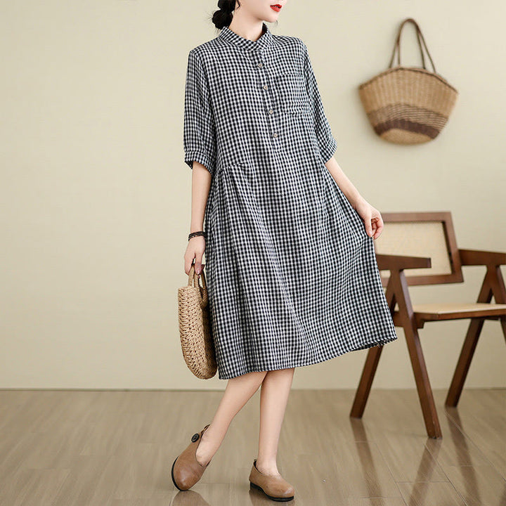 Vestido midi de lino y algodón con estampado de Buddha Stones, manga corta y bolsillos - Negro (cuadrícula pequeña) - US8-10，UK/AU12-14，EU40-42 (2XL) - image 1