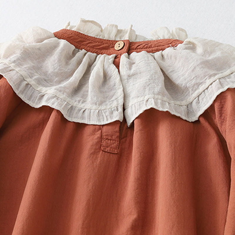 Vestido midi de algodón con mangas largas abullonadas, diseño de patchwork de encaje con volantes y bolsillos de Buddha Stones - image 4