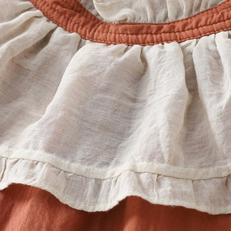 Vestido midi de algodón con mangas largas abullonadas, diseño de patchwork de encaje con volantes y bolsillos de Buddha Stones - image 5