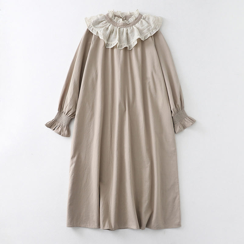 Vestido midi de algodón con mangas largas abullonadas, diseño de patchwork de encaje con volantes y bolsillos de Buddha Stones - Lino - US12, UK/AU16, EU44 (2XL) - image 17