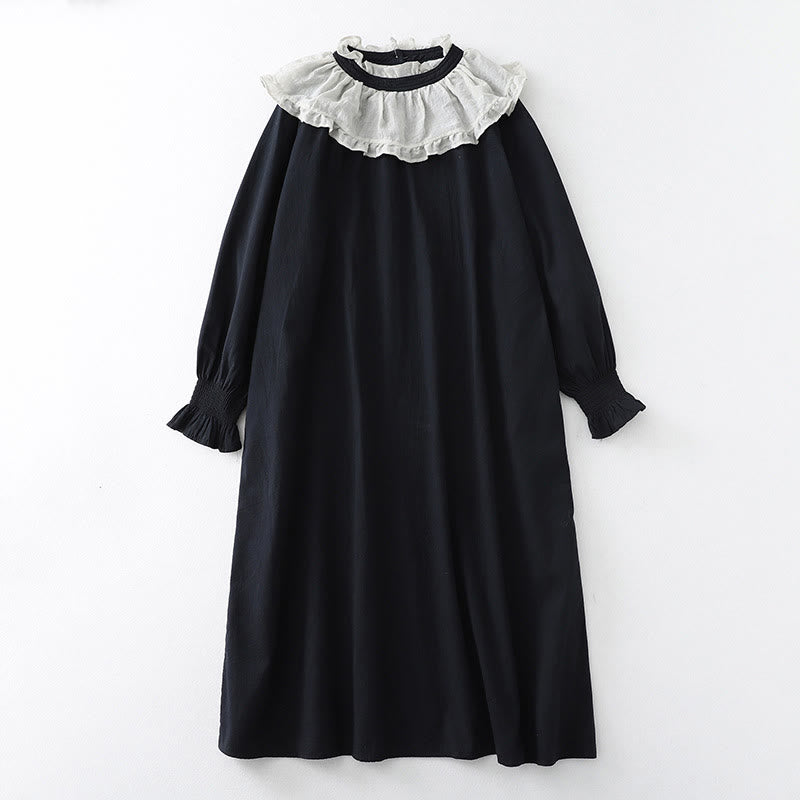 Vestido midi de algodón con mangas largas abullonadas, diseño de patchwork de encaje con volantes y bolsillos de Buddha Stones - Negro - US12, UK/AU16, EU44 (2XL) - image 11