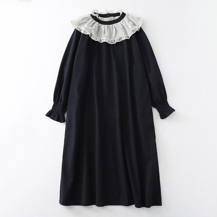 Vestido midi de algodón con mangas largas abullonadas, diseño de patchwork de encaje con volantes y bolsillos de Buddha Stones - Negro - US12, UK/AU16, EU44 (2XL) - image 11