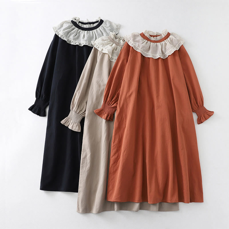 Vestido midi de algodón con mangas largas abullonadas, diseño de patchwork de encaje con volantes y bolsillos de Buddha Stones - image 23