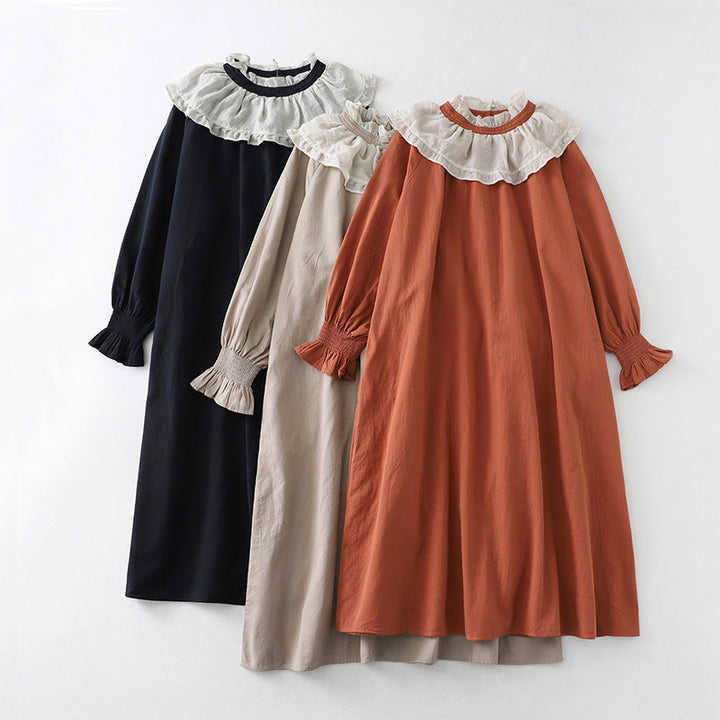 Vestido midi de algodón con mangas largas abullonadas, diseño de patchwork de encaje con volantes y bolsillos de Buddha Stones - image 23