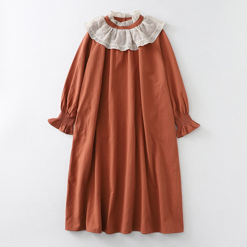 Vestido midi de algodón con mangas largas abullonadas, diseño de patchwork de encaje con volantes y bolsillos de Buddha Stones - Chocolate - US12, UK/AU16, EU44 (2XL) - image 1