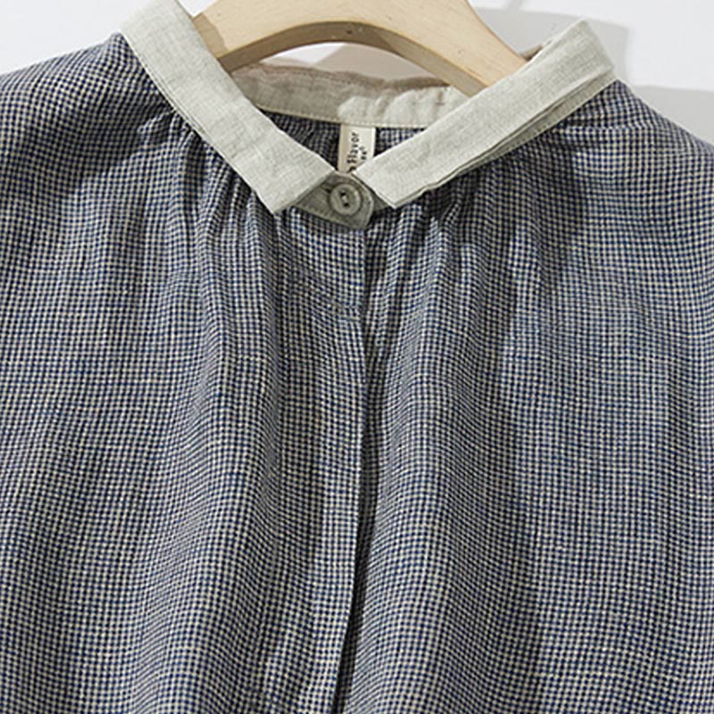 Vestido midi de lino y algodón con mangas largas y bolsillos, diseño de Buddha Stones Commute DimGray Plaid Lantern - image 2