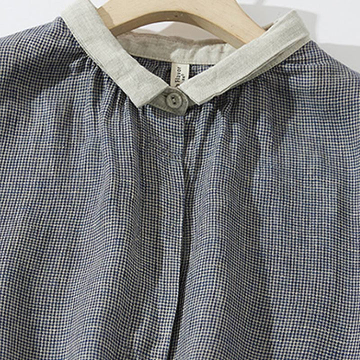 Vestido midi de lino y algodón con mangas largas y bolsillos, diseño de Buddha Stones Commute DimGray Plaid Lantern - image 2