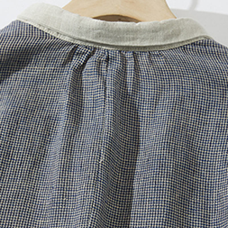 Vestido midi de lino y algodón con mangas largas y bolsillos, diseño de Buddha Stones Commute DimGray Plaid Lantern - image 4