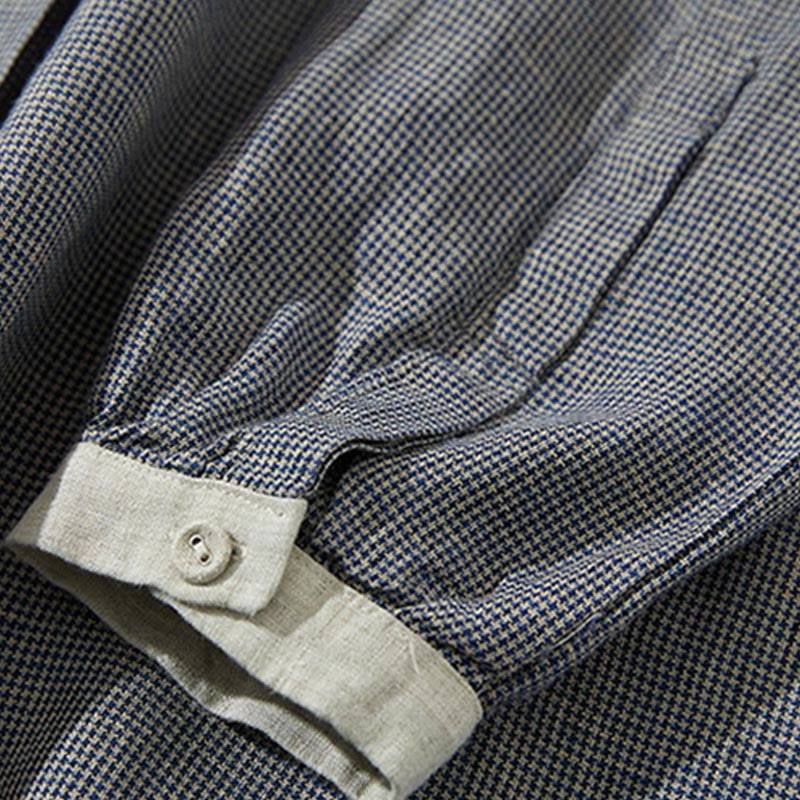Vestido midi de lino y algodón con mangas largas y bolsillos, diseño de Buddha Stones Commute DimGray Plaid Lantern - image 6