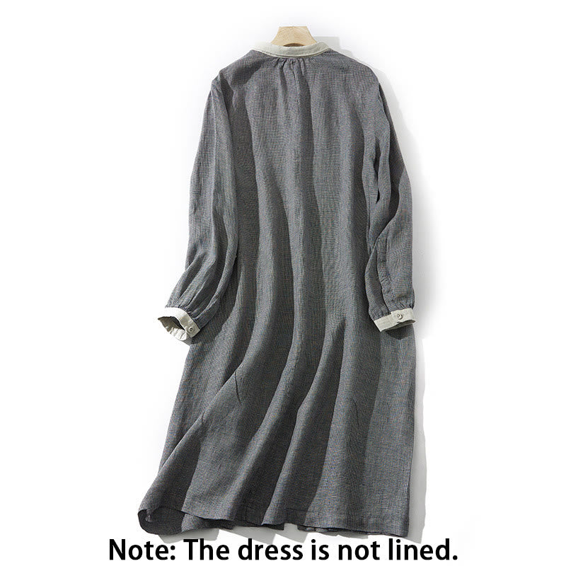 Vestido midi de lino y algodón con mangas largas y bolsillos, diseño de Buddha Stones Commute DimGray Plaid Lantern - image 2