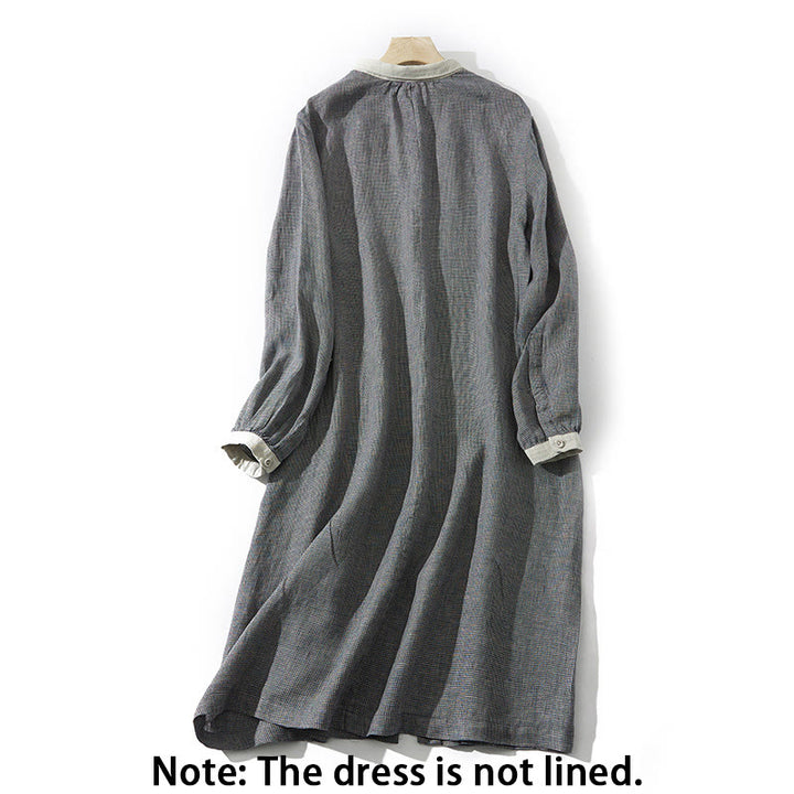 Vestido midi de lino y algodón con mangas largas y bolsillos, diseño de Buddha Stones Commute DimGray Plaid Lantern - image 2
