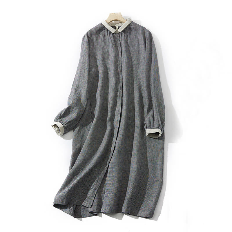 Vestido midi de lino y algodón con mangas largas y bolsillos, diseño de Buddha Stones Commute DimGray Plaid Lantern - Gris oscuro - US8-10，UK/AU12-14，EU40-42 (2XL) - image 1