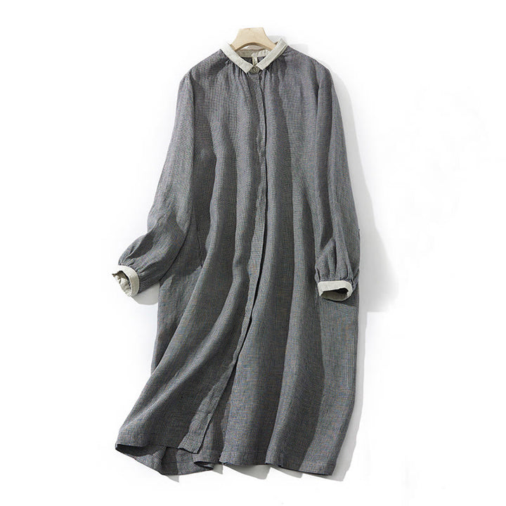 Vestido midi de lino y algodón con mangas largas y bolsillos, diseño de Buddha Stones Commute DimGray Plaid Lantern - Gris oscuro - US8-10，UK/AU12-14，EU40-42 (2XL) - image 1